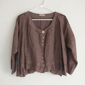 Tera Bora Top Blouse M/L*Purple Linen Button Ruffle Pleated Lagenlook Boho Italy